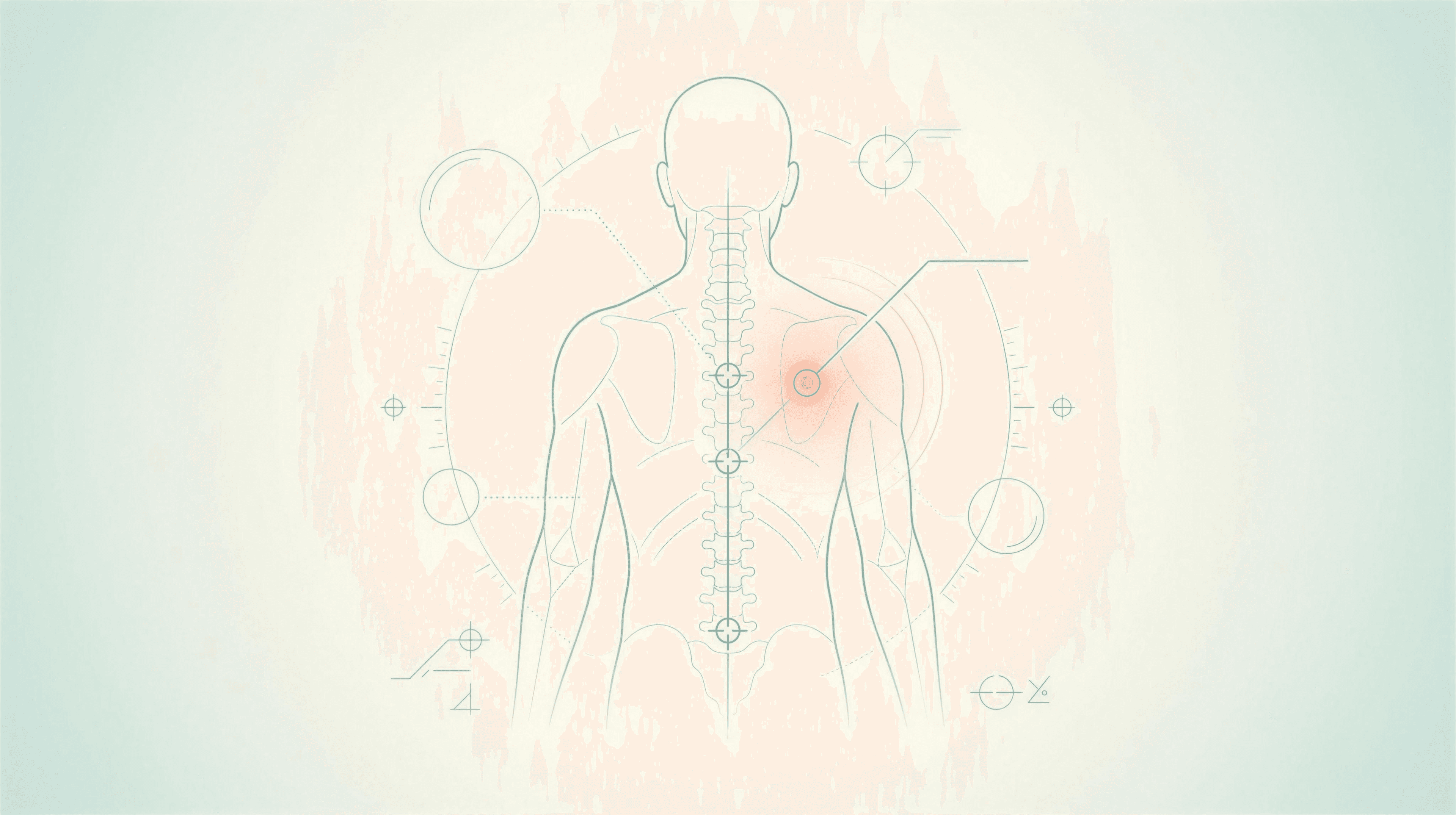 Blueprint schematic of the spine viewed from behind, with precise target points placed beside it and a single coral injection point quieting to seafoam