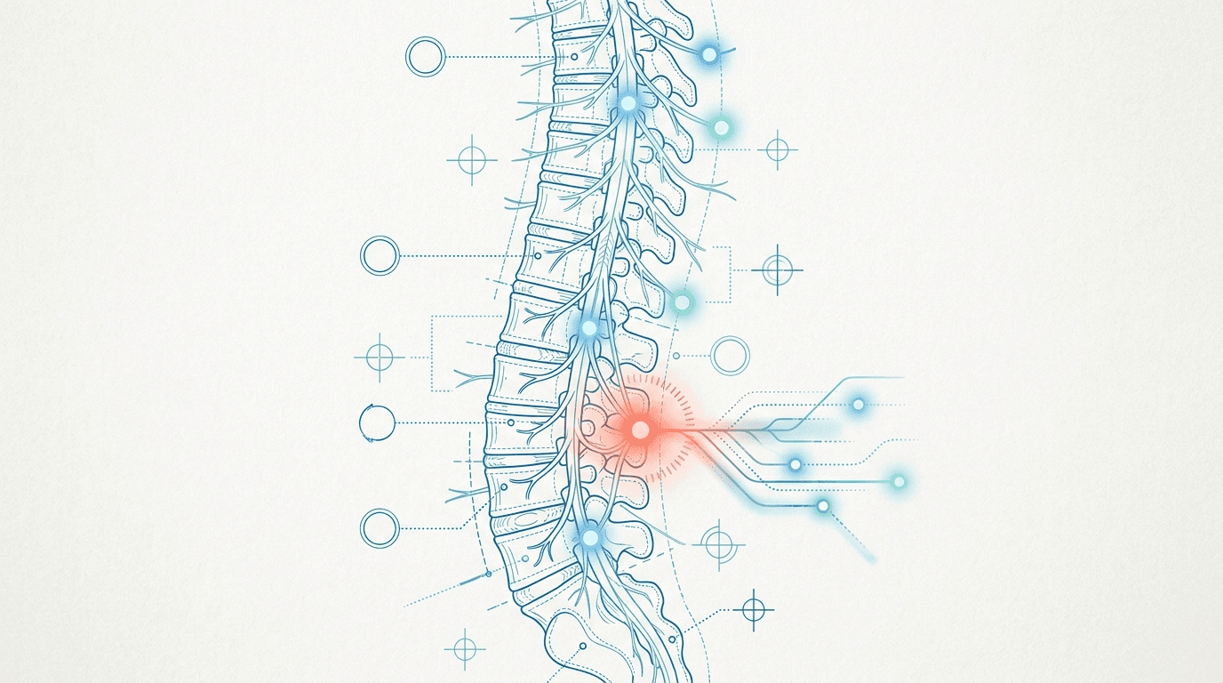 Blueprint schematic of the lumbar spine and nerves, with one signal node glowing coral