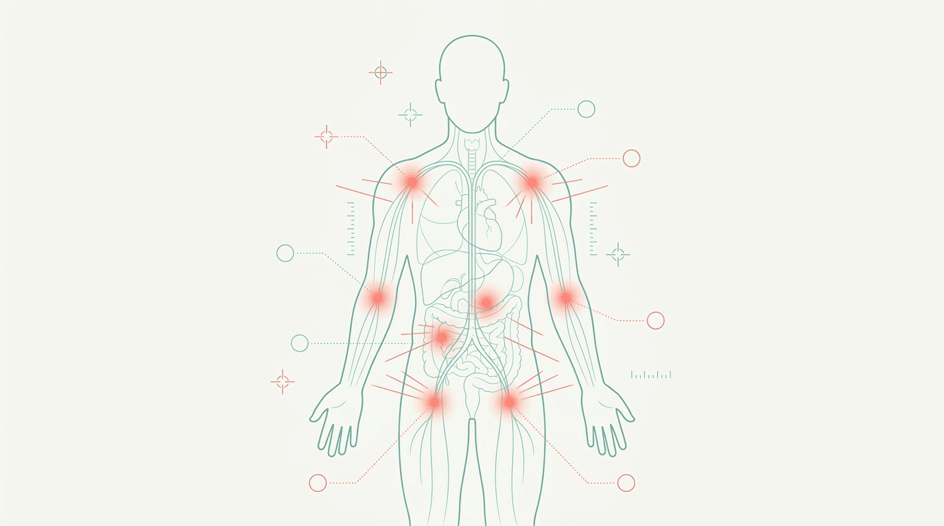 Blueprint schematic of a full body with inflammation nodes glowing across it