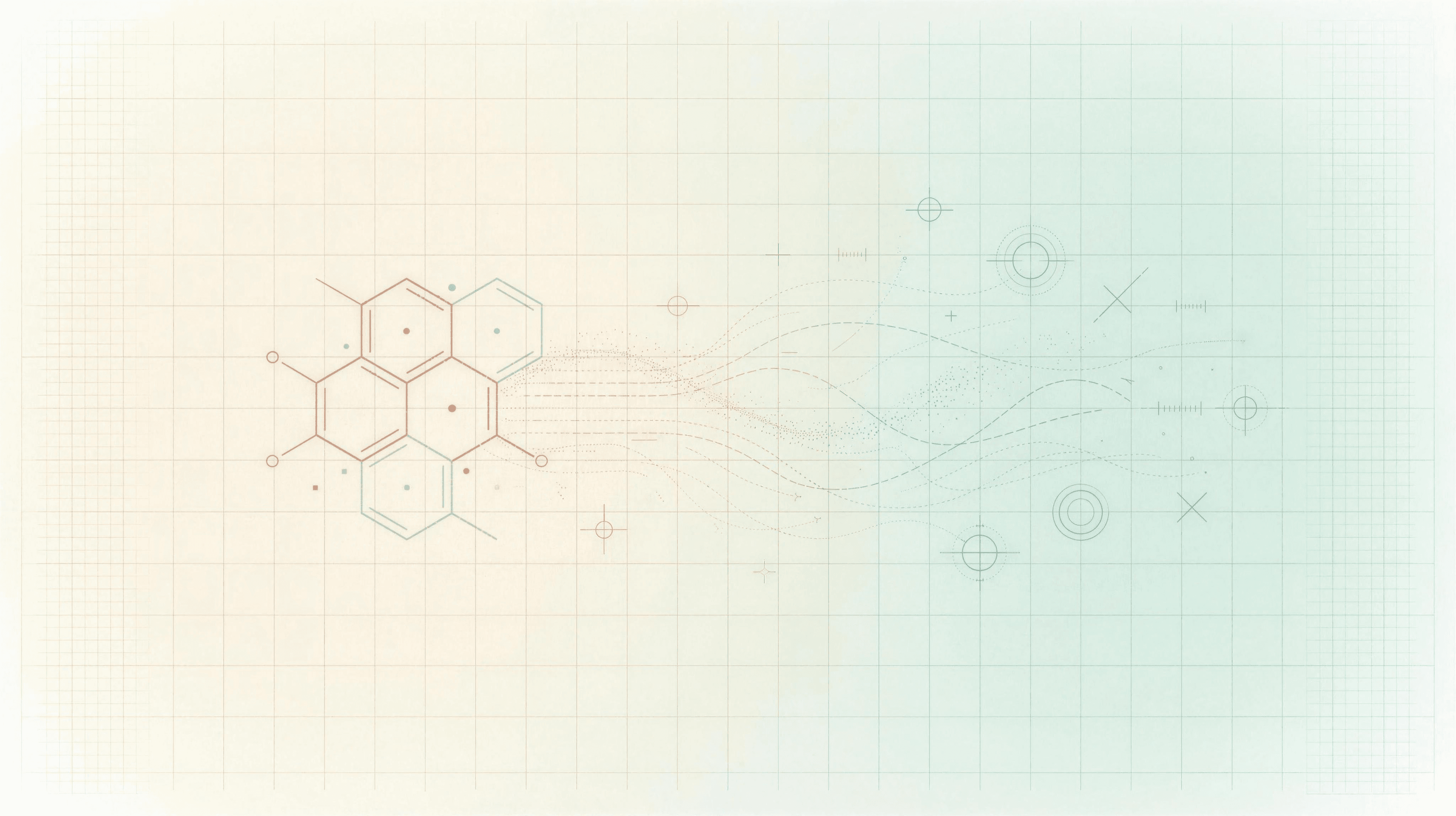 Blueprint schematic of a small coral outline molecule dispersing into a cool seafoam flow field